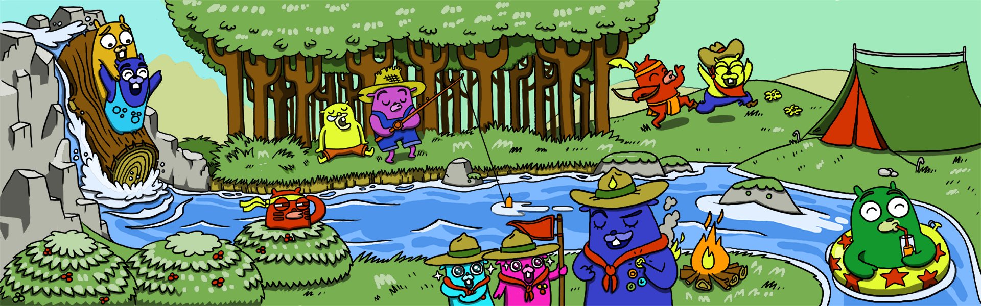 An image of many gophers along a stream camping, floating, and enjoying the outdoors