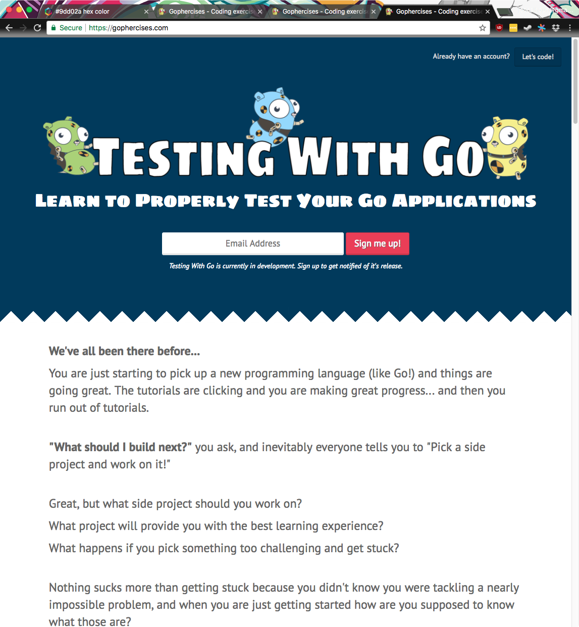 The first draft of the Test with Go landing page